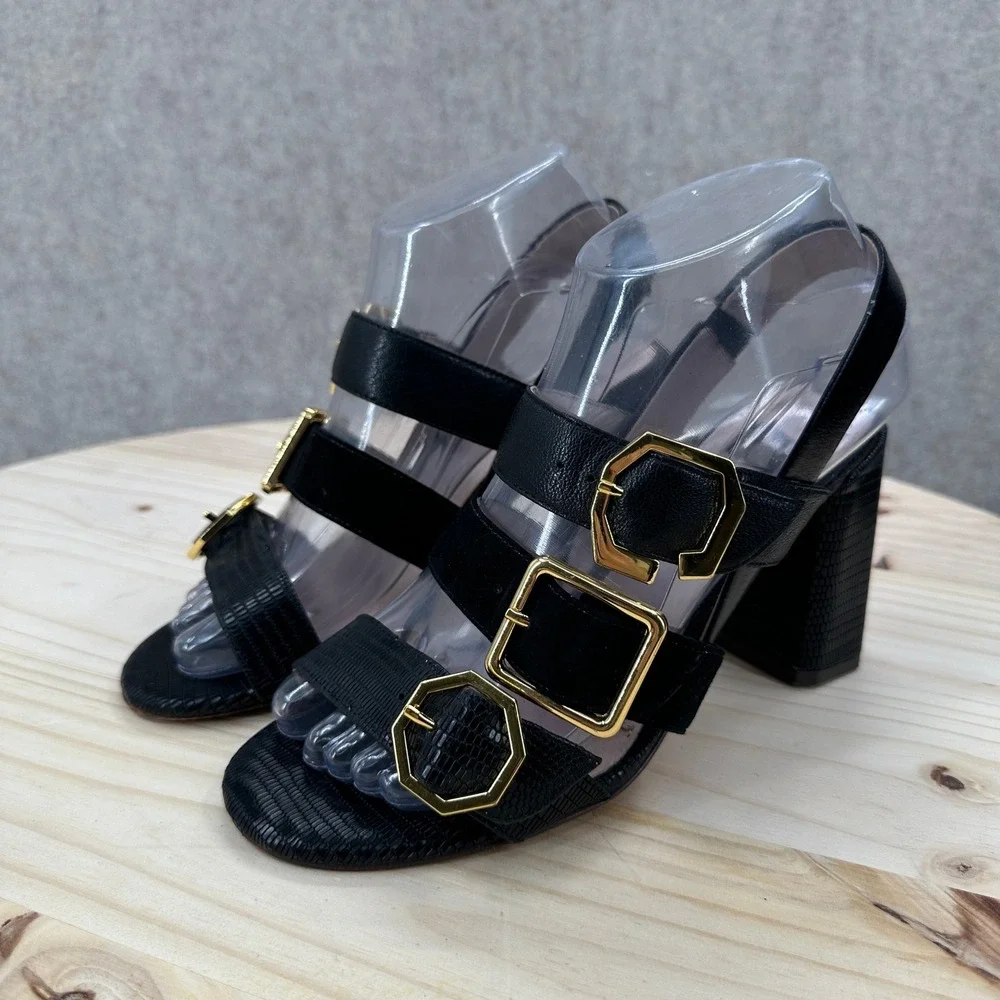 Louise et Cie Block Heel Sandals Womens 6 Black Lizard Embossed Triple Buckle